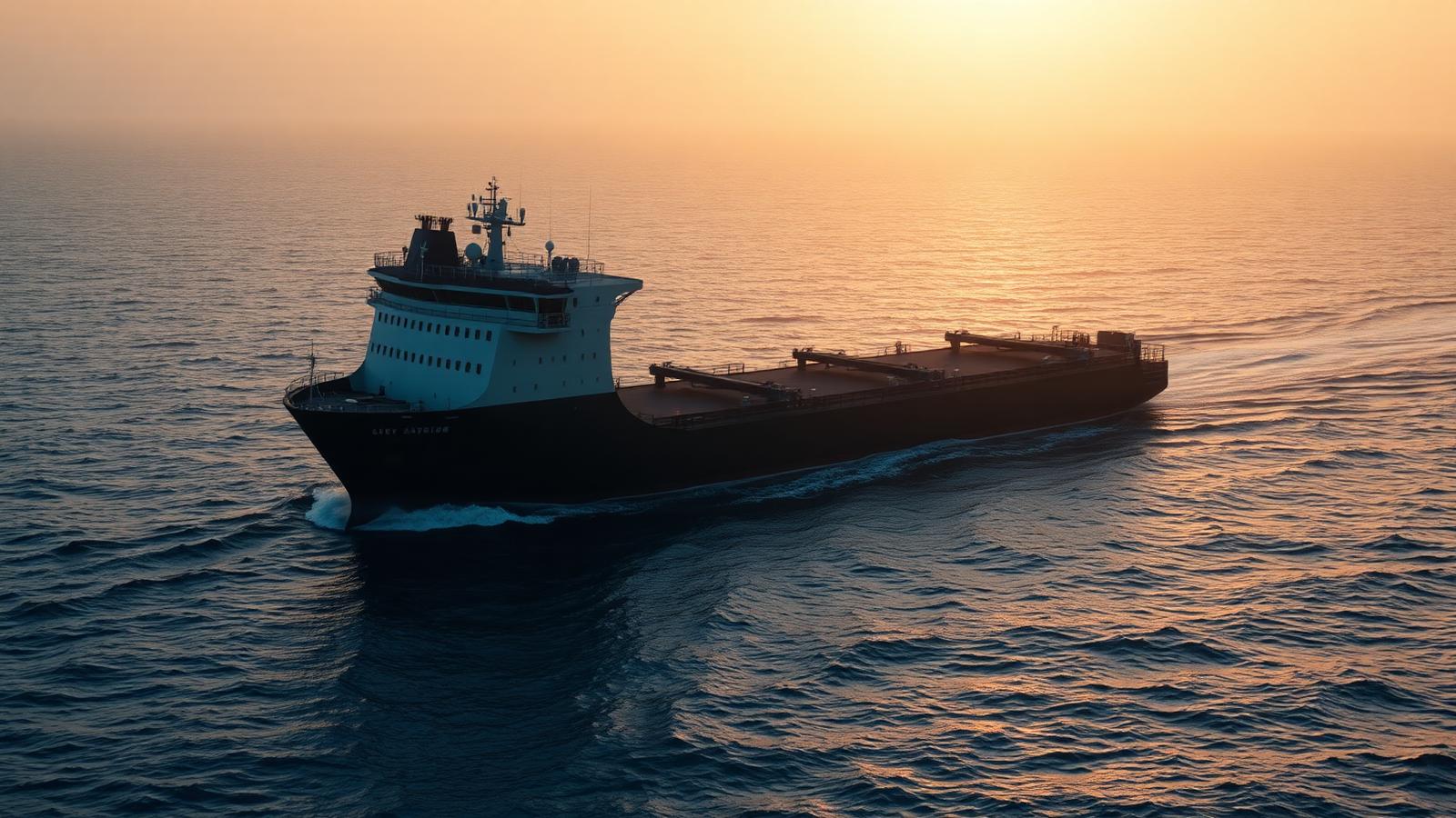 Nave da carico commerciale sotto noleggio annuale in mare nella luce dell'ora d'oro